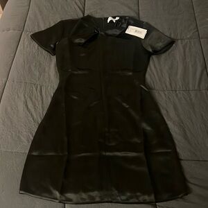 Black satin short sleeve midi dress